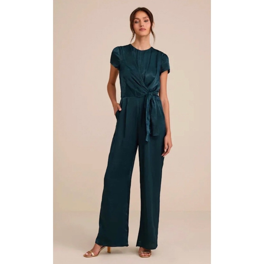 Lulus Let Me Entertain You Dark Green Satin Wide Leg Jumpsuit Womens Small NWT